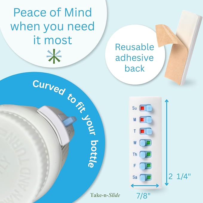 TAKE-N-SLIDE Peel and Stick Reusable for 12 + Refills, Pill/Medication/Vitamin/Pet Med Tracker & Reminder, Attach to Your Bottle, Organizer-Free, Curved‑Back (Blue, 5-Pack)
