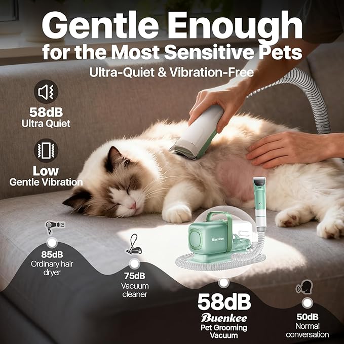 buenkee Dog Grooming Kit with Vacuum, 15000Pa Pet Hair Clipper and Shedding Brush, 50dB Low Noise, 2L Capacity, Green