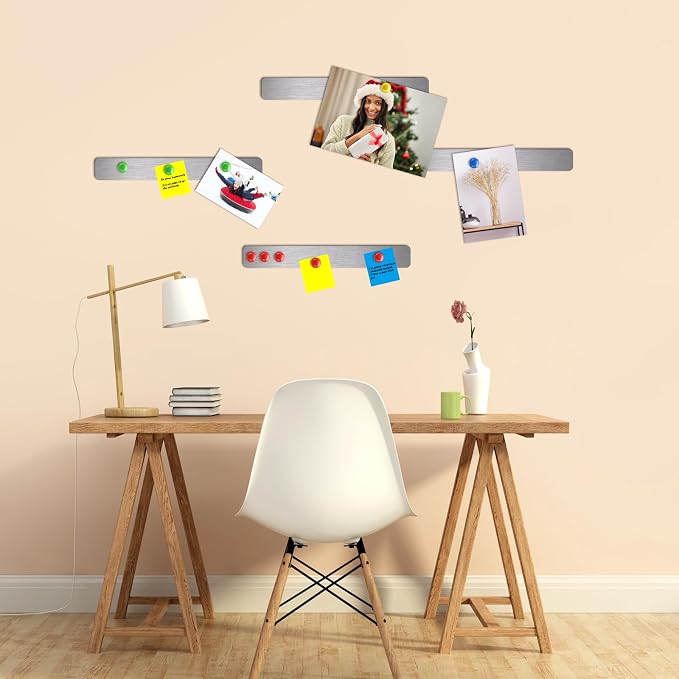Outus 6 Pcs Magnetic Wall Strips 15" x 2", 48 Magnets, Silver | Metal display strips for notes, photos and memos; ideal for office, home, classroom and workspace.