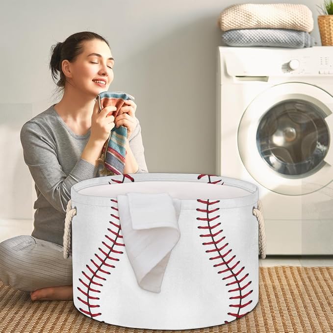 Storage Baskets - Large Nursery Organizer Bin Box with Handles Collapsible Round Baseball Sports Laundry Hamper for Kids Boy Toys Pet Blanket, Bedroom Living Room Home Decor Gift Basket (19.4"x13.3")