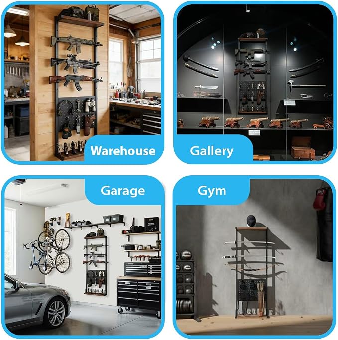 Indoor Gun Rack for Wall, Premium Wood & Metal Rifle Rack & Pistol Holder | Gun Wall Mount Display with Pegboard & Shelf, Versatile Storage for Shotgun Sword Bow for Home Gun Room, Garage and Man Cave
