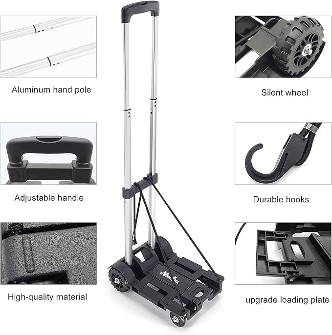Folding Hand Truck Lightweight Trolley,4 Wheels Small Utility Dolly Cart | 2 Elastic Ropes,portable backpack trolley,luggage cart,Dolly,Grocery cart,Travel,Moving,Shopping.Aluminum Pole,black
