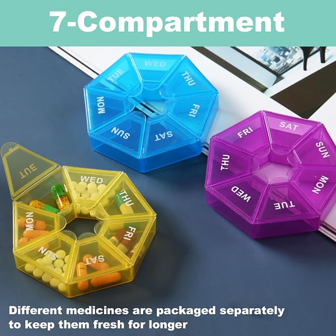 4 Pack Small Travel Pill Organizer, Small Portable Pill Dispenser | Weekly Medicine Box Storage Case, Vitamin Fish Oil Supplement Holder Reminder, Arthritis-Friendly, Yellow Blue Purple Orange