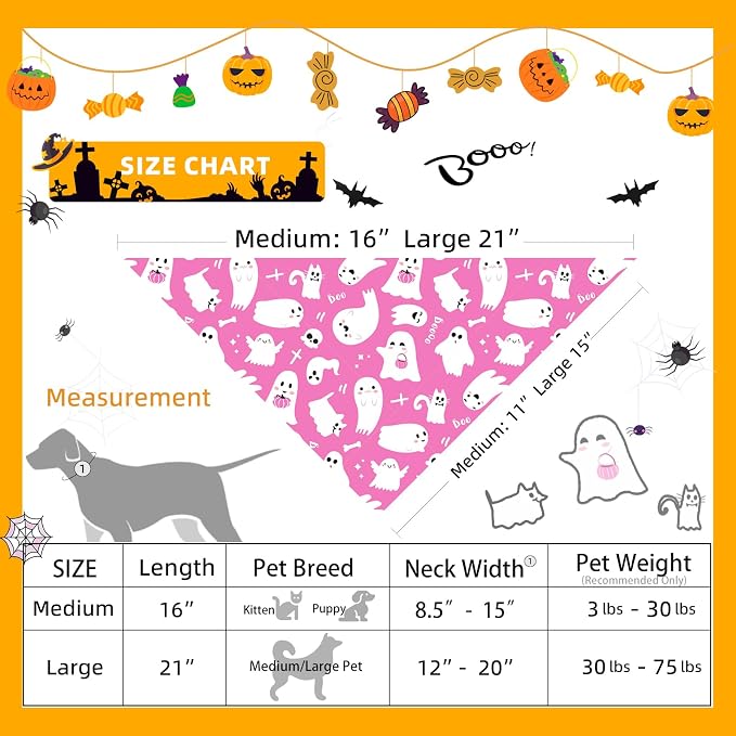 Halloween Dog Bandanas Pink Ghost Boo Costumes for 7-30lbs Pets