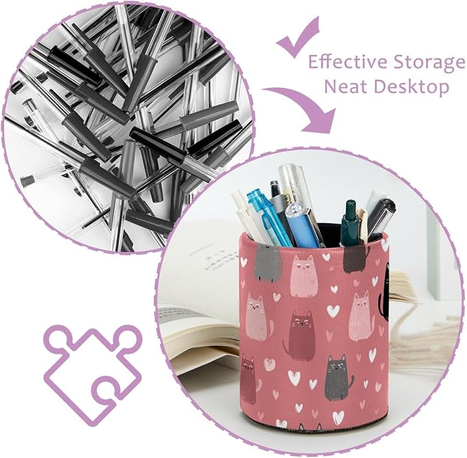 Faux Leather Pen Holder for Desk, Pencil Organizer Funny Cats Pen Cup Desk Decor Makeup Brush Holder Storage for Office Home