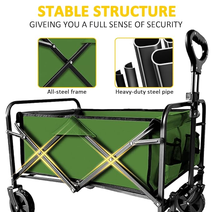 Foldable Wagon Cart, Collapsible Wagon Cart with Heavy Duty Wheels, 220Ibs Portable Folding Utility Wagon for Groceries, Beach, Camping, Outdoor Activities, Green