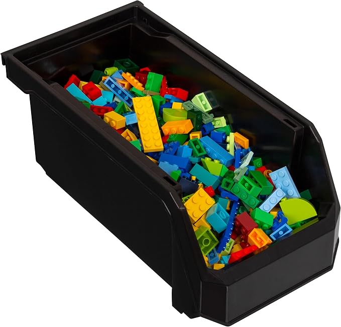 Medium Stackable Plastic Storage Bins, 8-Pack, Black | Open-Front Stackable Bins For Garage, Pantry, Closet & Office, 11"L X 5,5"W X 5"H, Nests When Empty, Durable Plastic,
