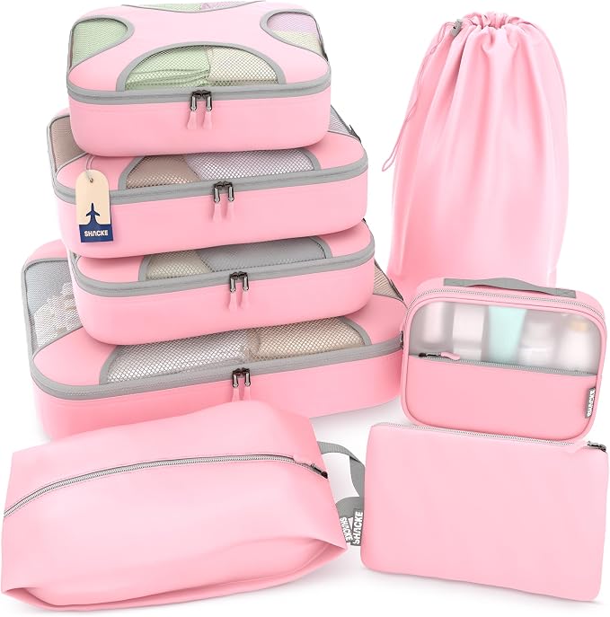 Shacke 8 Set Packing Cubes for Travel, Shoe & Toiletry Bags (Summer Pink) | Complete Suitcase Organizer Bags Set: 4 Luggage Packing Cubes + Laundry, Shoe, Toiletry & Accessories Bags for Any Trip