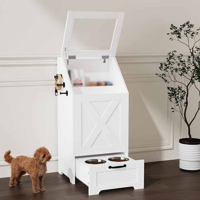 Dog Feeding Station with Storage Cabinet and 2 Elevated Dog Bowls, Hidden Pet Food Storage Organizer for Dog &Cat,Modern Dogs Furniture (White)
