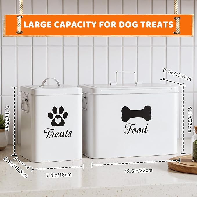 Dog Treat Container Set of 2, Airtight Metal Dog Food Storage Container (12-15 lb & 6-8 lb Capacity), Large & Small Kibble Storage Containers with Lid and 2 Scoops, for Dry Food and Treats (White)
