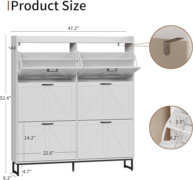 Xixini Shoe Storage Cabinet with 6 Flip Drawers, Entryway Shoe Rack, White | Freestanding Narrow Shoe Storage, Hidden Slim Wood Shoe Organizer, Modern Farmhouse, Open Storage & Hooks for Closet, Hallway