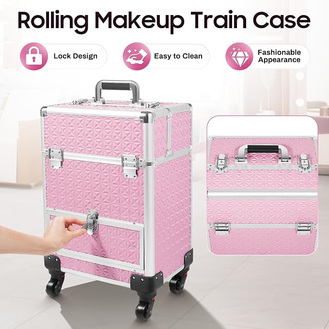 Rolling Makeup Train Case, Aluminum Cosmetic Trolley Organizer with 4 Universal Wheels, Large Capacity Travel Case with Lock for Nail Artist, Hairstylist in Salon, Studio, Travelling (Pink)