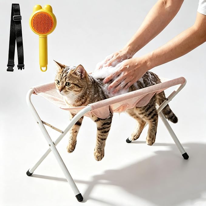 Foldable Pet Bathing Stand - Grooming Pet Bath Stand with Quick Surface and Strap, Pets Bathing Hammock Holds 44 Lbs, Mesh Bath Station for Bathings Nail Trimming for Pets (Pink)