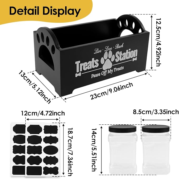 UKQRRTC Wood Dog Treat Container with Jars and Stickers Anti Deformation Space Saving Dog Treat Organizer Dog Treat Station for Countertop (Black)