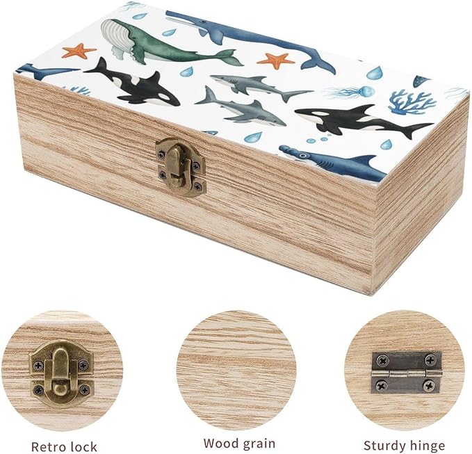 Wooden Keepsake Box Gift Organizer with Lid Craft Storage Container, Funny | Sharks Humpback Whales Orcas Turtles Ocean Rectangle Memory Boxes, Party Gift Supplies, 9.2x5.5x3.9 Inch