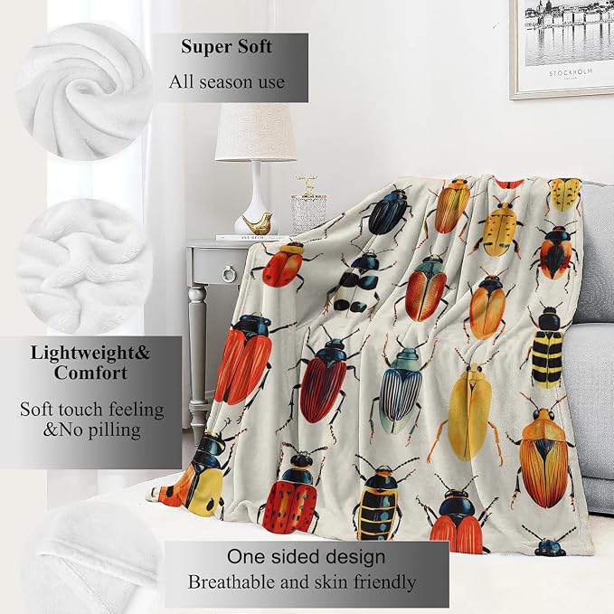 Beetle Blanket Colorful Insect Boho Throw Blankets,Gifts for Kids Adult Women Men,Lightweight Soft Fleece,Sofa Couch Bed Room Modern Apartment Decor 40x50in