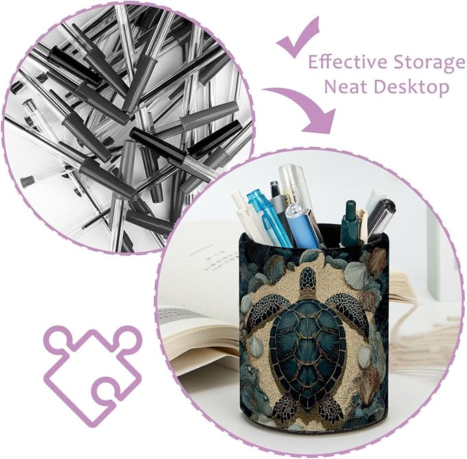 Faux Leather Pen Holder for Desk, Pencil Organizer Sea Turtle Pen Cup Desk Decor Makeup Brush Holder Storage for Office Home