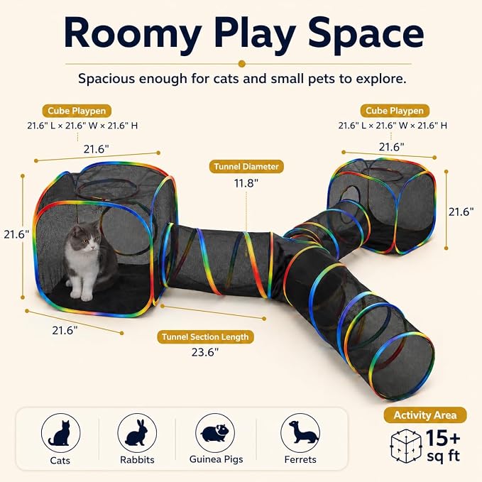 Outdoor Rainbow Cat Enclosures Playground,Outside House for Indoor Cats Include Portable Tent, 3 Way with 2 Cube Tunnel, for Kitty and Small Animals,Within Storage Bag