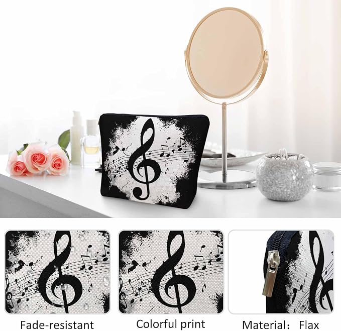 Music Notes Makeup Organizer Bag Cosmetic Bag For Men Women, Grunge Musical Notes Melody Black Travel Toiletry Bag Flax Makeup Bags Purse Business Makeup Pouch For Toiletries Cosmetics