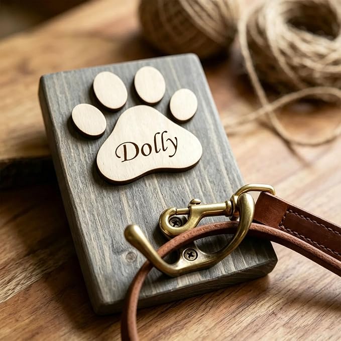 Personalised Wooden Dog Lead Hanger Handmade Wood Hook Gift For Pet Lovers | Wooden Dog Leash Holder Size 14x9cm, Functional Dog Lead Hook with Unique Wooden Paw Hook for Pet Leashes Custom