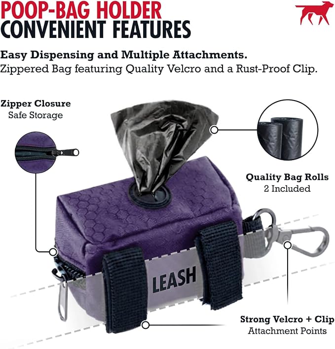 Tuff Pupper Dog Poop Bag Holder | Works with Any Dog Leash | Zippered Waste Bag Dispenser | Waterproof with Rust-Proof Clip | Convenient Lightweight Design | Includes 2 Rolls of Leak-Proof Bags
