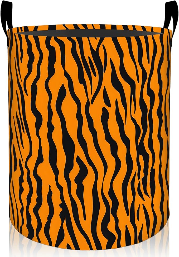 Tiger Print Laundry Basket, Orange Animal Stripe Oxford Cloth Dirty Clothes Collapsible Hamper for Room Decor, Minimalist Gifts, Toy Organizer 19.7 x 15.7 Inches for Bedroom Bathroom Dorm