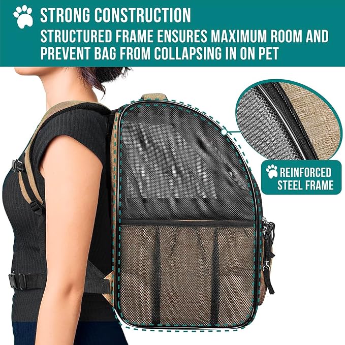 PetAmi Dog Backpack Carrier Airline Approved Cat Pet Puppy Bag, Taupe | Ideal for Small Medium Large Pet up to 18 lb, 2 Side Entry Structured No-Collapse Frame, Ventilated Bookbag for Hiking Travel