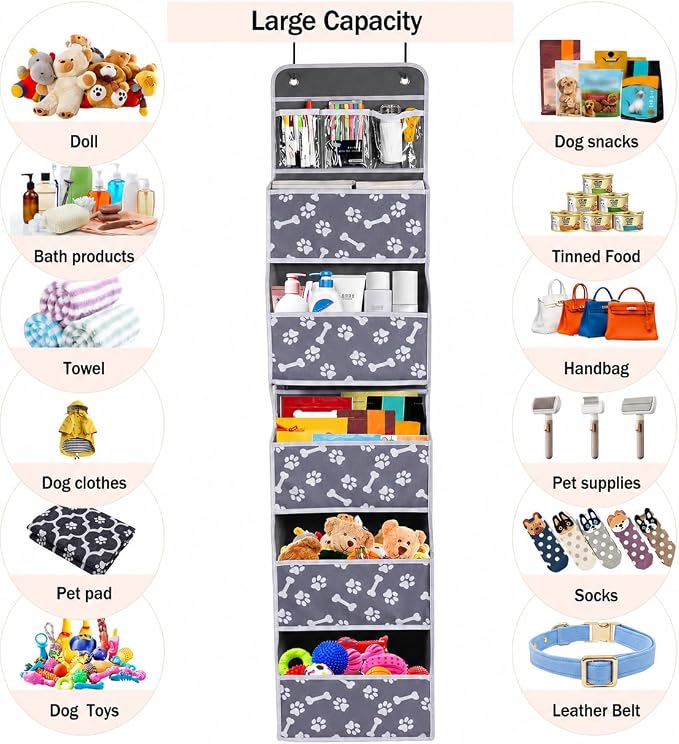 Dog Toy Basket,5-Shelf Hanging Organizer for Dog Toys,Over Door Basket for Dogs with 2 Metal Hooks,5 Pockets Organizer for Dog Leash Harness Toys Treats-62.5''(height)-Bone Claw Print