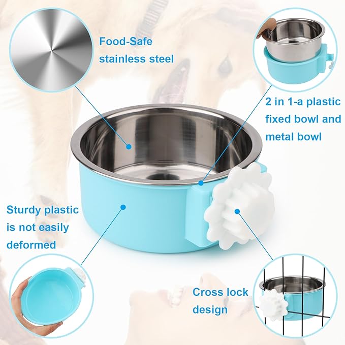 Hypeety Dog Crate Water Bowl No Spill - Hanging Attachable Pet Bowls for Kennel Durable Stainless Steel Food Water Dishes for Small Dogs Cats Rabbits Parrots with Non-Slip Base (Bule)
