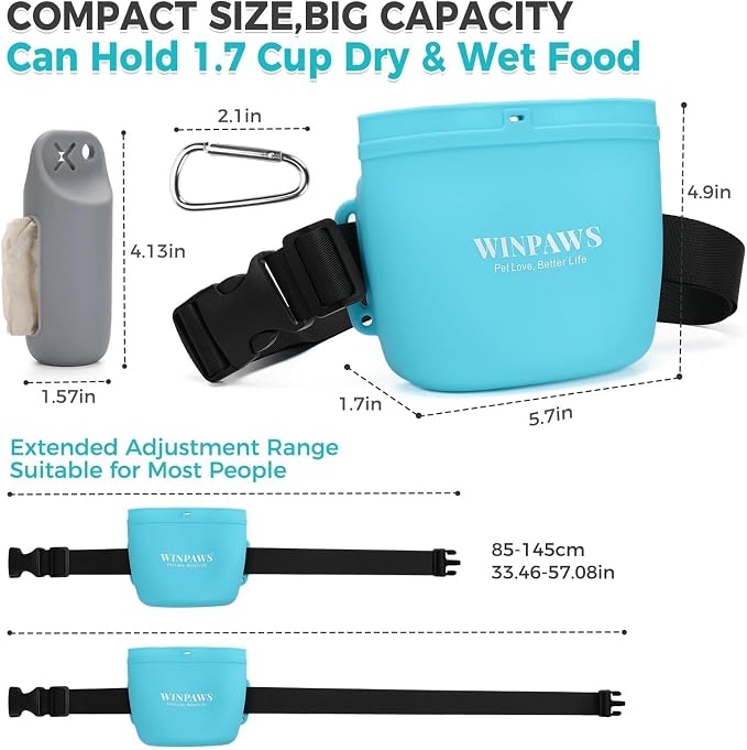 Silicone Dog Treat Pouch with Poop Bag Holder,Waterproof Magnetic Close Sealable Fanny Pack with Adjustable Waist Belt, Pet Puppy Training Essentials, One-Handed Opening with Press & Magnetic (Blue)