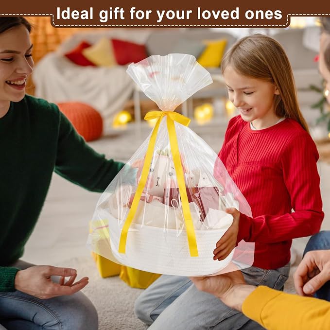 OIAHOMY Gift Basket with Handle, 13.4"x 10"x 5.5" Woven Basket with Gift Bag, Ribbon and Wrap Tissue Paper, Nursery Bins Empty to Fill with Towels, Baby, Pet Toy Organizer - White