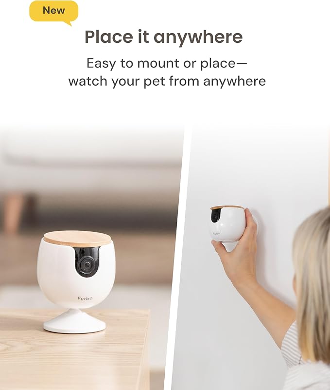 Furbo Mini Pet Camera [No Monthly Fee] | 130° Wide View, Barking/Meowing Alerts, 2-Way Audio, Night Vision, Mountable Design, Pet Monitoring, No AI Alerts or Rotation