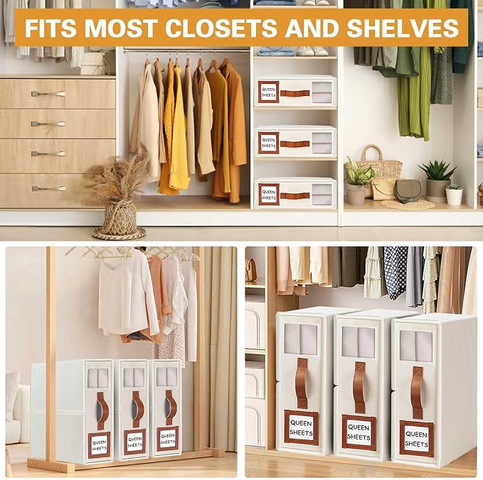 GhvyenntteS 8 Pack Bed Sheet Organizers and Storage (Queen & King Size), Foldable Sheet Organizers and Storage with Window and Label, Bed Sheet Organizer with Leather Handle, Beige
