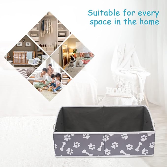 Linen-cotton Blend Dog Toy Organizer Basket - Storage for blankets, leashes, rope toys, clothing - Bone claw pattern