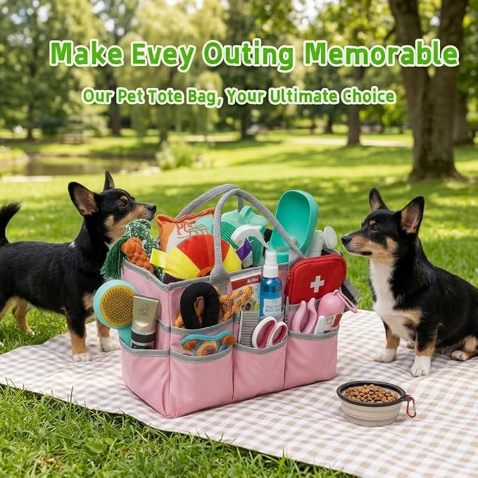 Pet Grooming Bag, Dog Grooming Organizer Tote with 10 Pockets, Dog Storage Organizer with Sturdy Handle for Grooming Supplies, Toys, Treats, Leash (Bag ONLY) (Pink)
