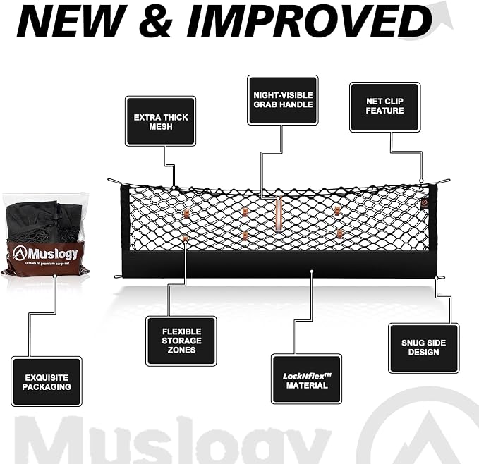 Muslogy Cargo Net for 2018-2025 2026 Toyota Camry Accessories | Custom Fit, Trunk Storage Organizer Net for SUV Sedan Van Divider, with Heavy Duty Carabiners, Night Visible Grab Handle