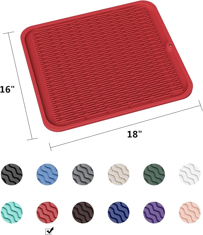 ZLR Oversized Silicone Dish Drying Mat for Kitchen, 16"x18", Lava Red | Family-Size Drainboard for Pots & Pans, Thick 4mm No-Curl, Heat-Resistant Trivet to 450°F, Non-Slip, Rolls to Store