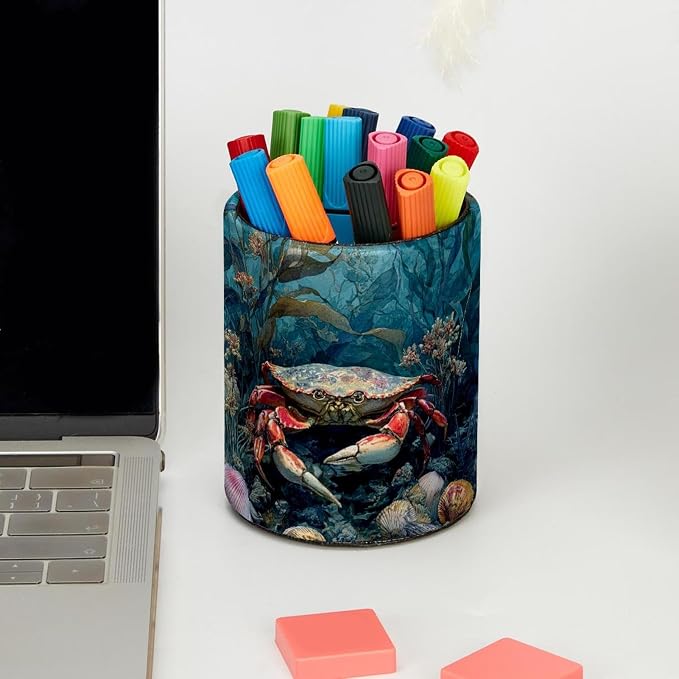 Faux Leather Pen Holder for Desk, Pencil Organizer Crab Pen Cup Desk Decor Makeup Brush Holder Storage for Office Home