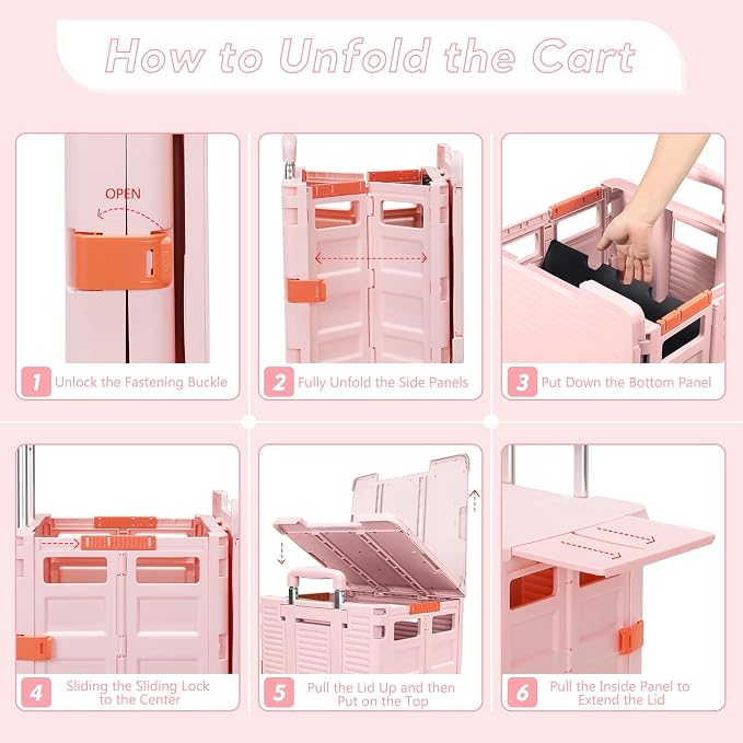 FELICON SELORSS Folding Utility Cart Portable Rolling Crate Handcart-Pink | Adjustable Handle+Extended Magnetic Lid,Storage Basket Box,4 Swivel Wheels Tote for Teacher Move Shop Travel Grocery Office