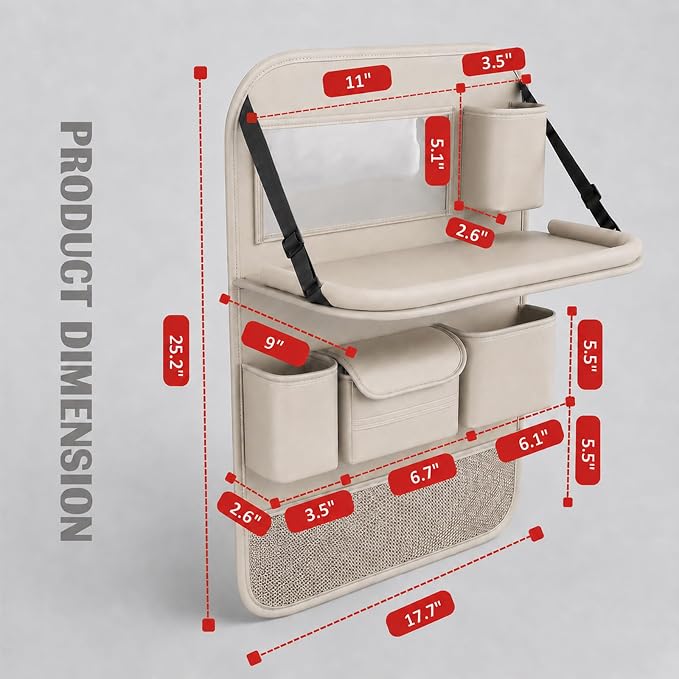 2 Pack Universal Foldable Car Backseat Organizer with Table Tray, Car Seat Back Protector with Touch Screen Phone Holder, Premium Leather Kick Mats with Storage Pockets Tissue Holder (Beige)