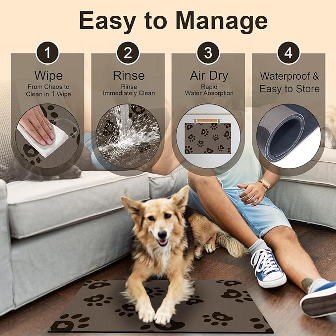 BLESWIN Pet Feeding Mats 12"x20", Water Absorbing Mat for Dog Bowl, Water Bowl Mat for Dogs Waterproof, Non Slip Mat for Dogs, Dog Water Bowl Mat for Messy Drinkers, Cat Mat for Food and Water, Brown