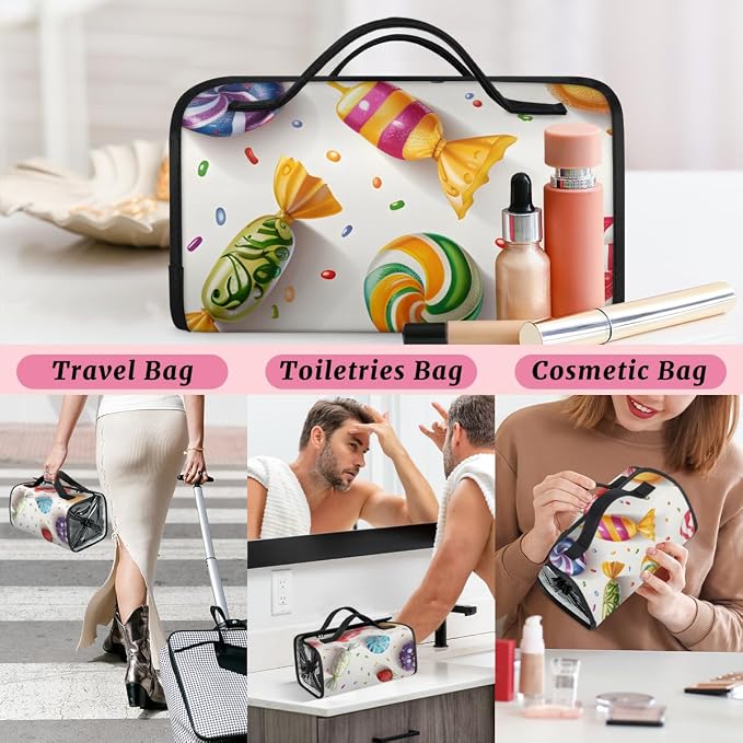 Candy Makeup Bag for Women Hanging Roll-Up Travel Organizer Toiletry Kit with 4 Removable Compartments, Colorful Candy