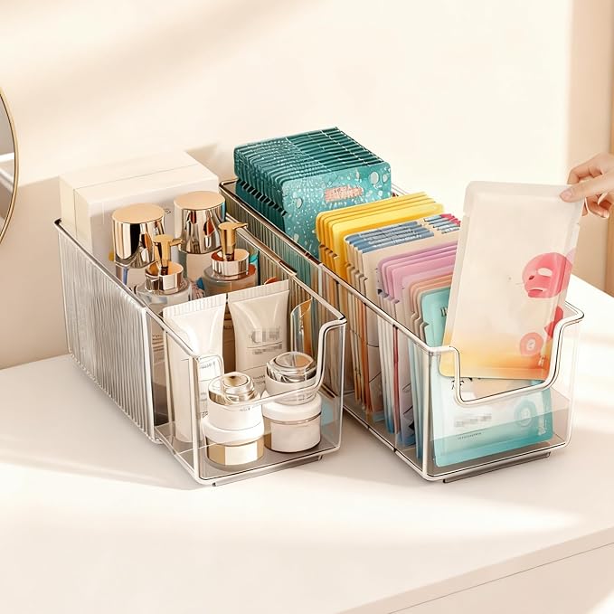Expandable Desk Drawer Organizer, Clear Storage Containers, Vanity Storage Box, Medicine Storage Box, with Removable Dividers, for Kitchen, Bathroom, Office Makeup(2 Pcs)