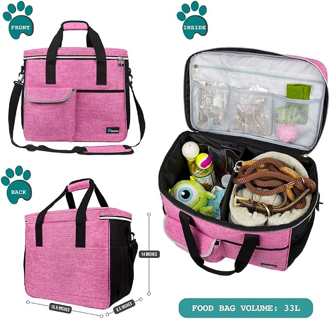 PetAmi Dog Travel Bag Organizer, Pet Supplies Tote Diaper Bag, Pink Large | Pet Travel Kit with 2 Food Containers & 2 Collapsible Dog Bowls, Luggage Sleeve, Weekend Getaway Road Trip Camping Essentials
