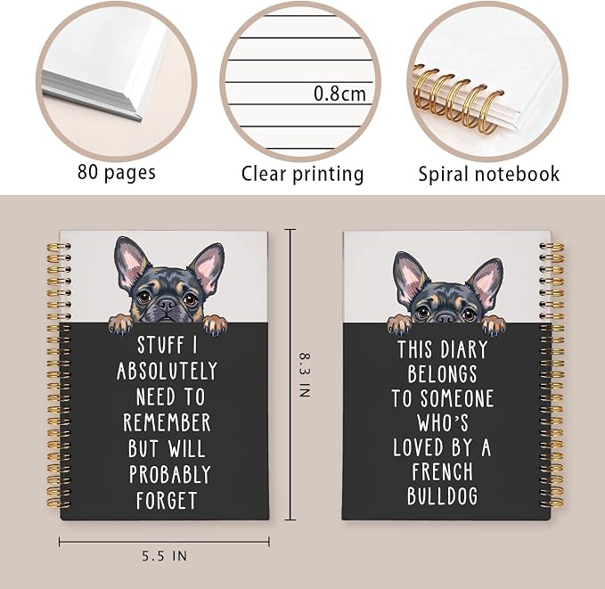 LIANGW Funny French Bulldog Notebook Journal Gifts for Women & Men | Frenchie Gifts for Women, for Coworkers, Hardcover Spiral Notebook 5.5x8.3 Inch