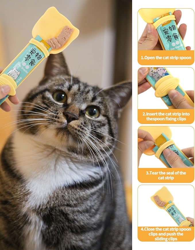 5 PCS Cat Food Can Covers Lids Set, Silicone Pet Food Can Lids with Multi-Function Cat Food Spoon and Opener, Cat Bar Squeezer, Stainless Steel Wet Food Spoon for Cats and Dogs(Yellow)