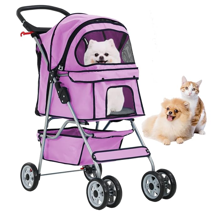 Dog Cat Stroller 4-Wheel pet Running cart, Foldable Waterproof pet Stroller with Cup Holder and Removable Lining, Suitable for Small Pets Suitable for Small and Medium-Sized pet Accessories (Pink)