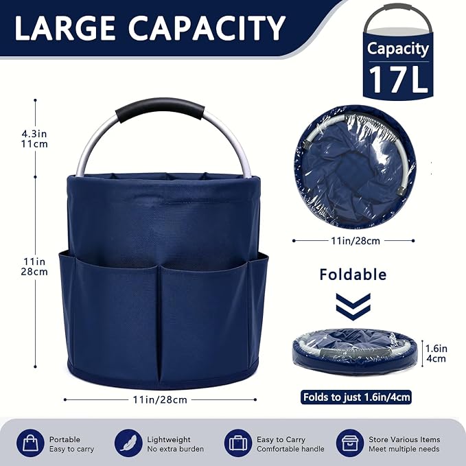Cleaning Caddy with Handle, 17L Foldable Storage Basket, Heavy Duty 600D Oxford Cloth Organizer, Portable Supply Bag, Multi-Purpose Supplies Caddy for Home, Bathroom, Kitchen, Garden - Dark Blue
