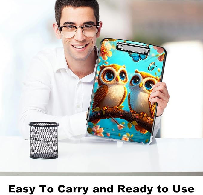 Owl Blue A4 Clipboard with Storage Pen Holder, Clipboards Organizer Nursing Clipboard Foldable File Folder Plastic Clipboard Folio Clip Board for Office Students Classroom Doctor