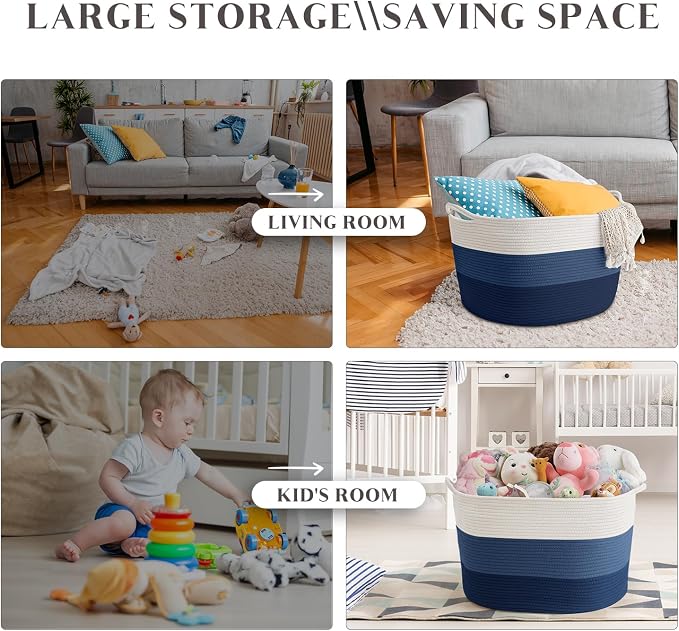 Maliton Woven Rope Blanket Basket Living Room, Storage Basket for Toy, 90L | 22"x14" Cotton Rope Basket. Holds blankets, Toys & Towels & Laundry. For Bedroom, Nursery, Bath & Playroom. Soft & Durable